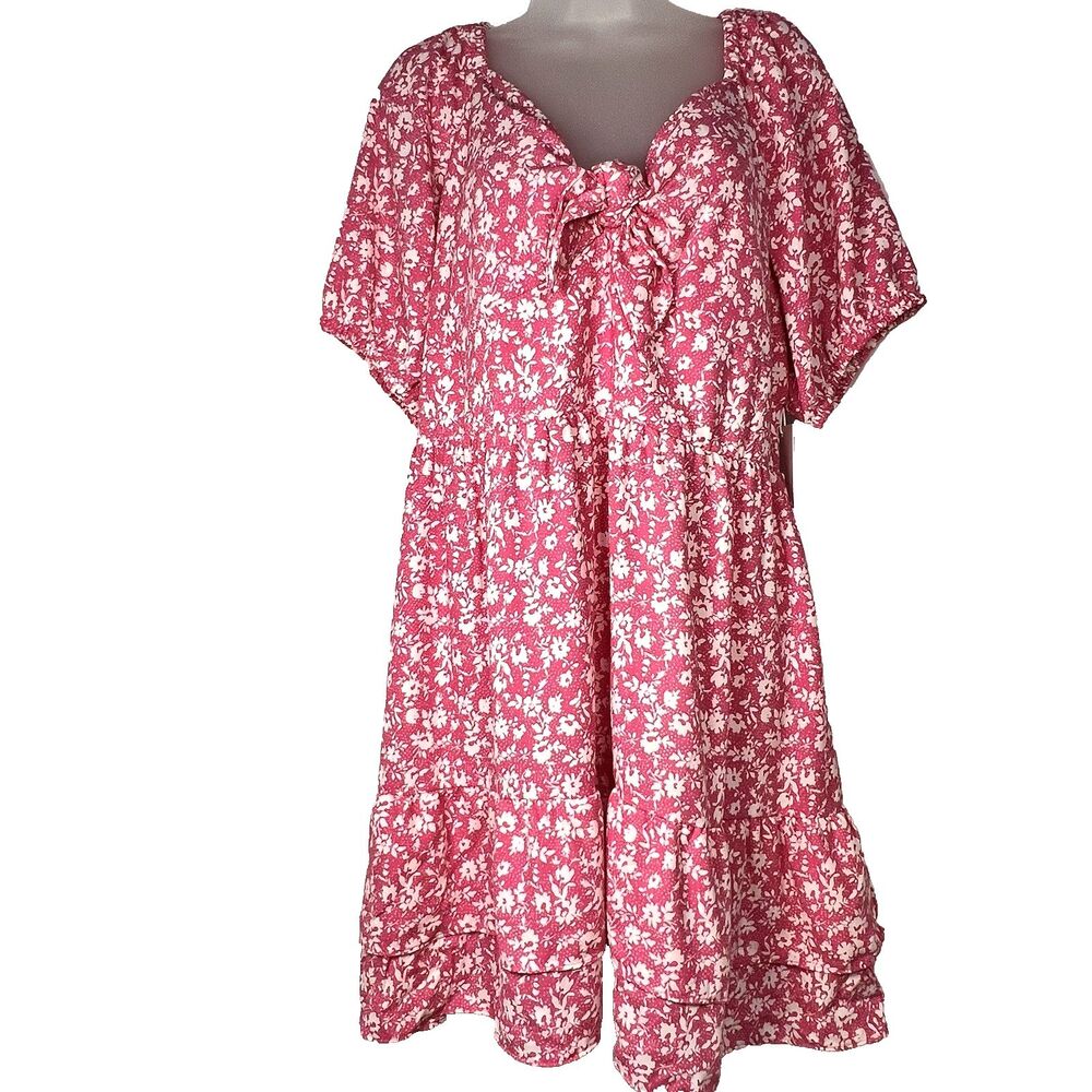 Lauren Conrad Pink Floral Mini Dress 2XL Puff Sleeve Tie Front Cottagecore Coque